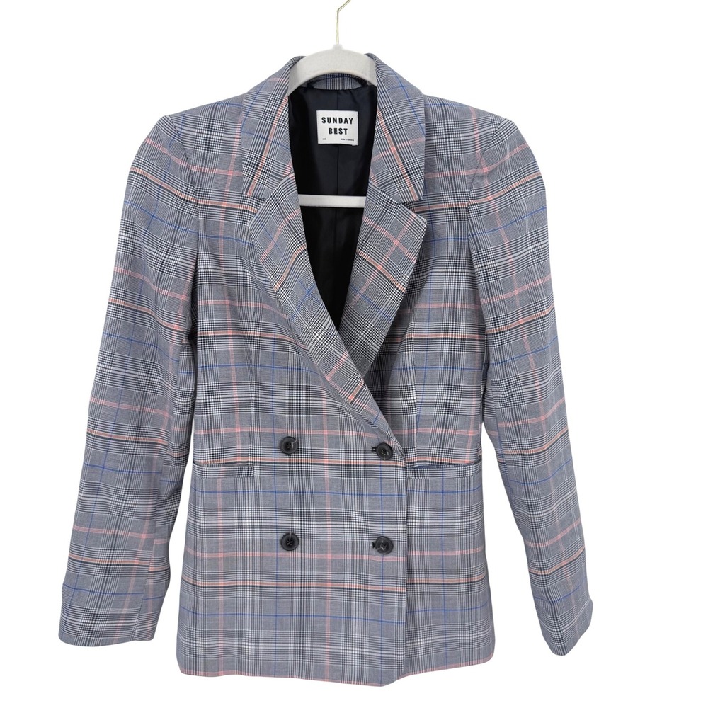 Sunday Best Aritzia Galt Plaid Double Breasted Blazer Gray Pink Blue XXS